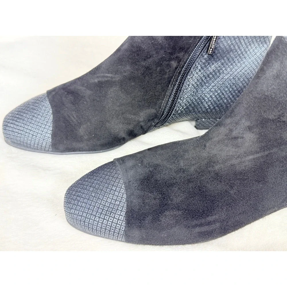 BeautiFeel Womens 37 Black Suede Metallic Ankle Boots Side Zip Low Heel Shoes